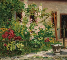 Forhave med blomstrende stokroser Engelsk: Forhave med blomstrende stokroser